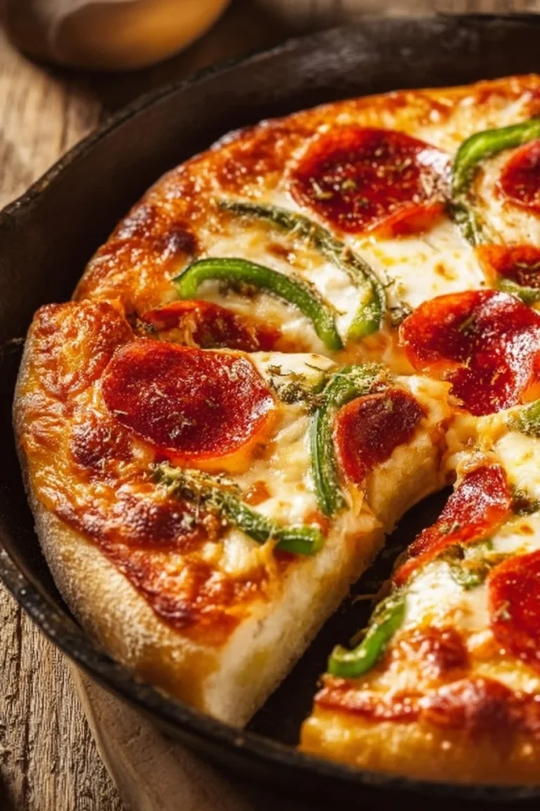 Delicious cast iron skillet pizza topped with fresh ingredients and melted cheese.