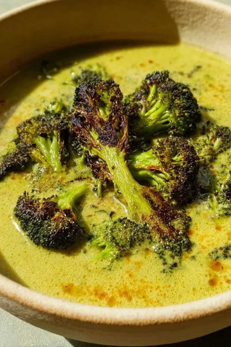 Delicious cheesy broccoli soup served in a bowl with fresh herbs