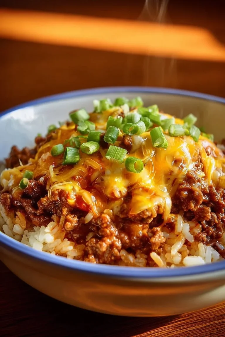 Cheesy ground beef casserole with rice served in a baking dish