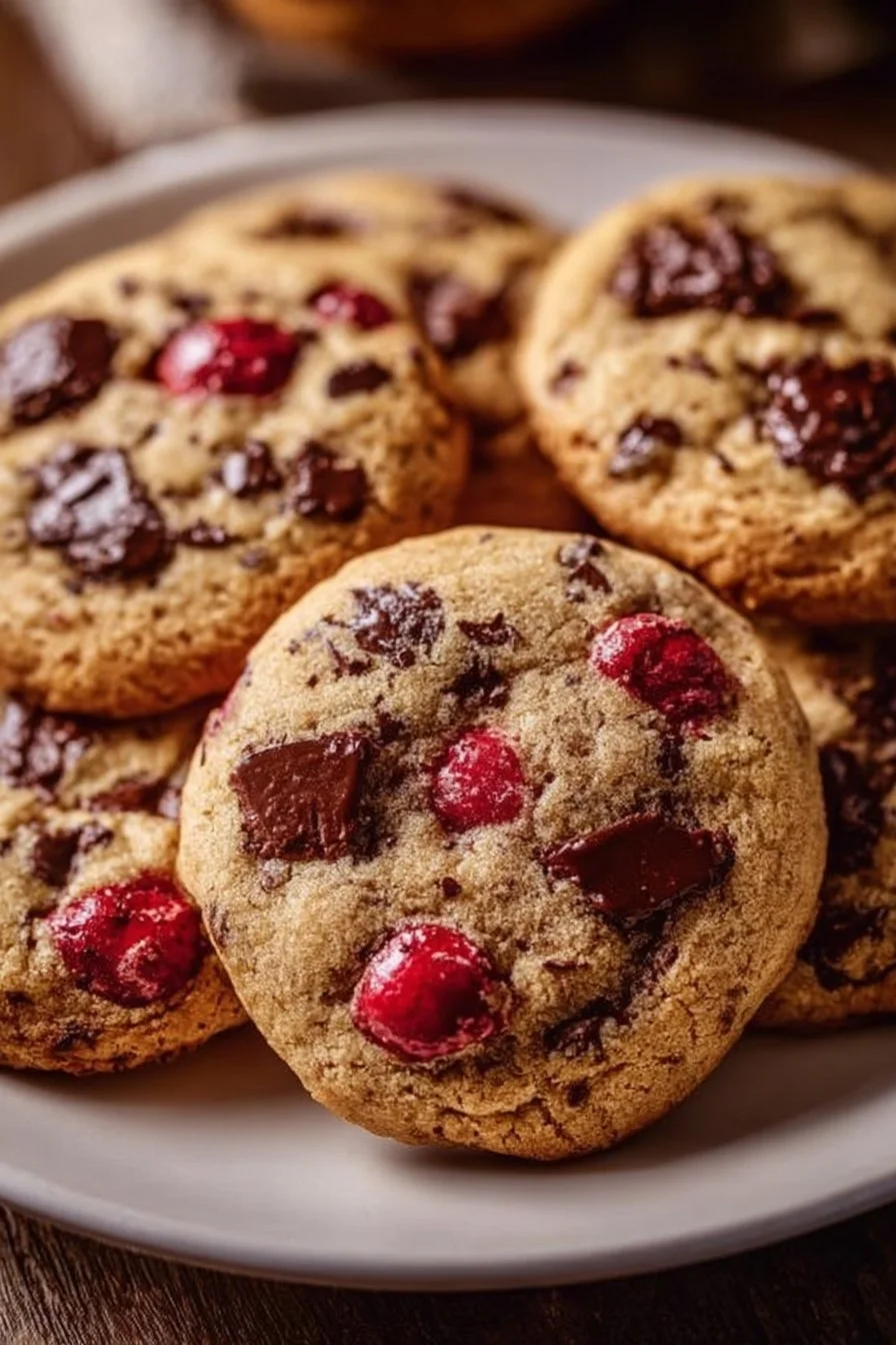 Freshly baked cherry chocolate chip cookies with chocolate chunks and cherries.