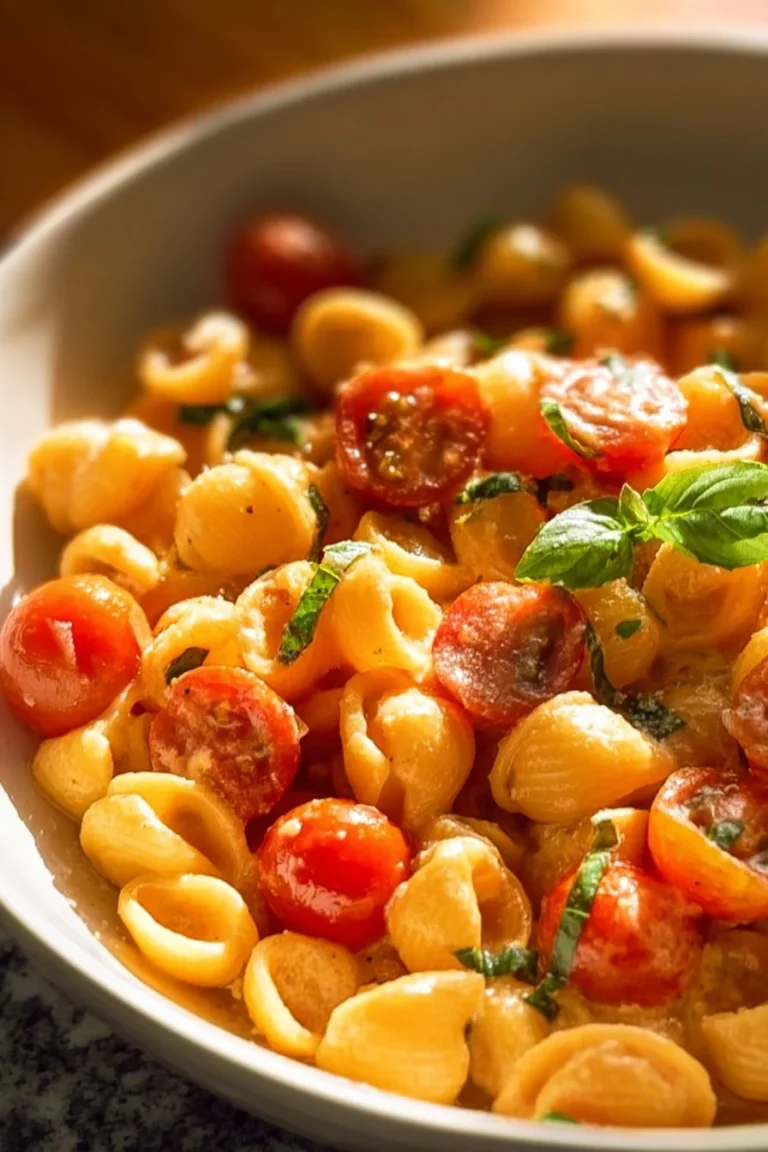 Delicious cherry tomato pasta dish garnished with basil and parmesan cheese