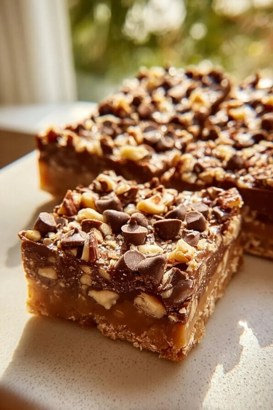 Homemade chewy toffee bars topped with chocolate and nuts on a wooden table.