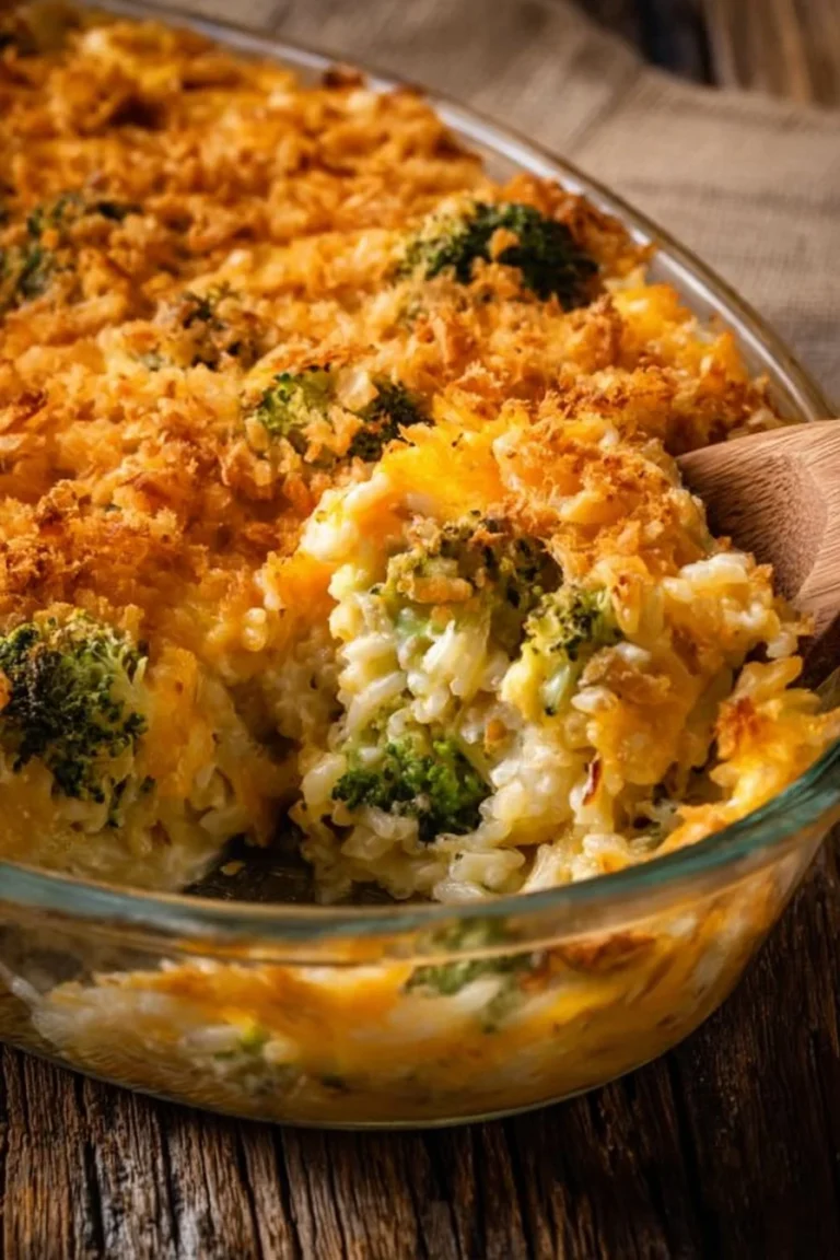 Creamy Chicken Broccoli Casserole with rice, topped with cheese and baked to perfection