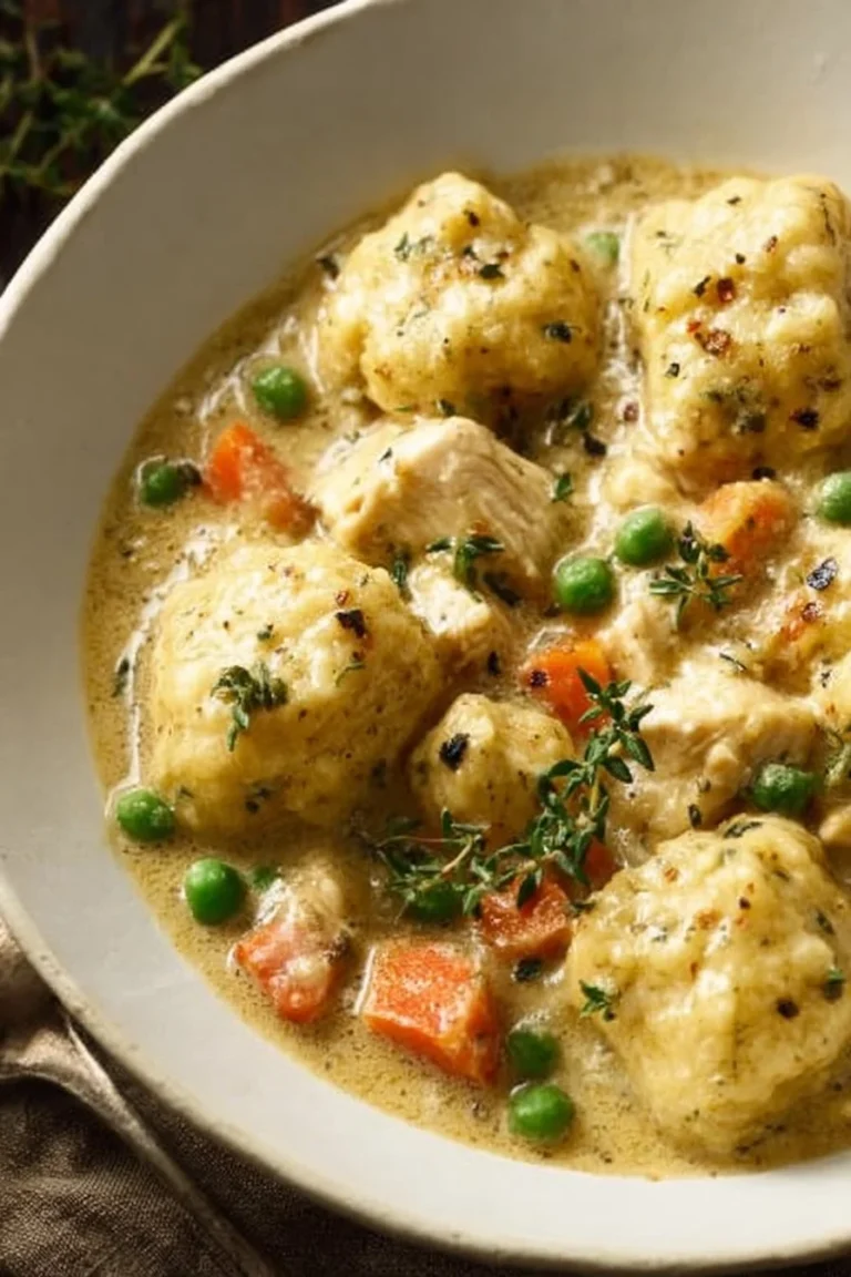 Delicious bowl of Chicken and Dumplings served warm with herbs