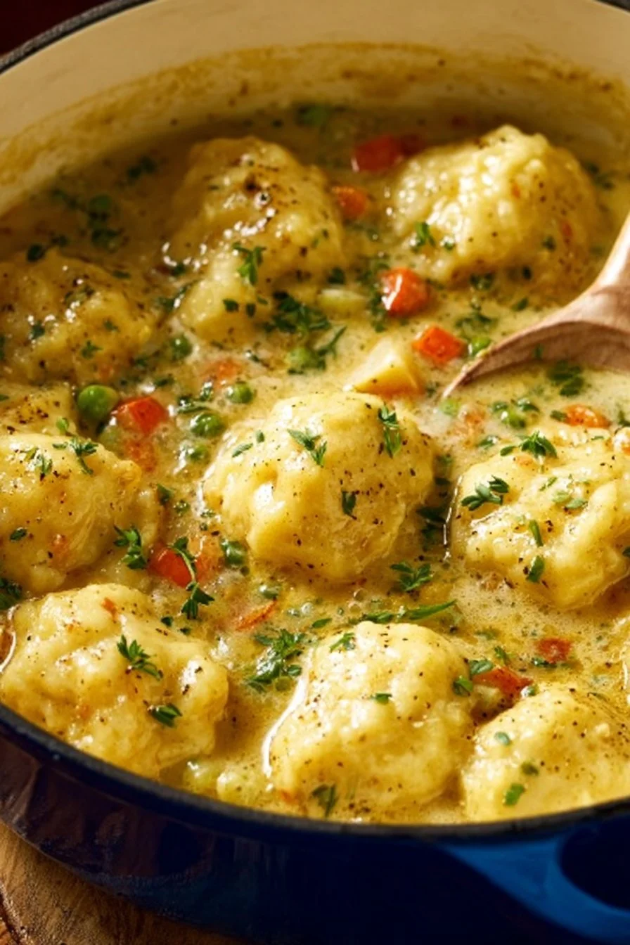 Delicious bowl of Chicken and Dumplings served with herbs and spices