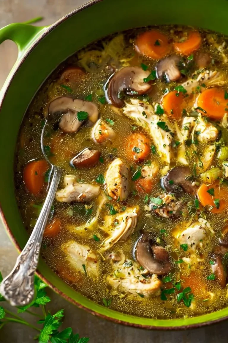 Delicious chicken and mushroom soup in a rustic bowl