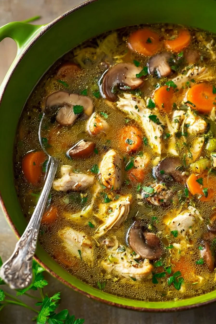 Delicious chicken and mushroom soup in a rustic bowl