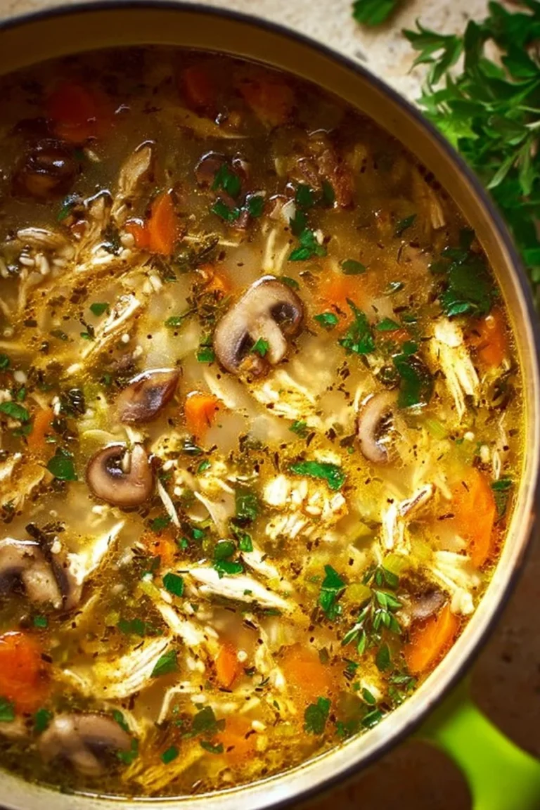 Bowl of Chicken Mushroom Soup with fresh ingredients and herbs
