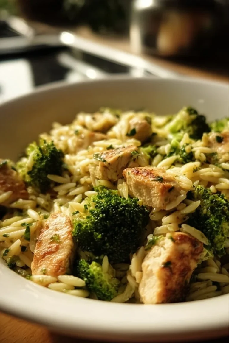 Delicious Chicken Broccoli Orzo served in a bowl with fresh ingredients.
