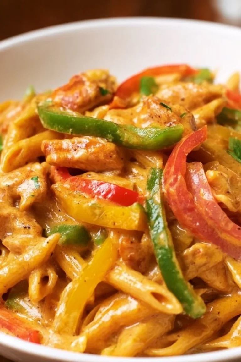 Delicious Chicken Fajita Pasta served with colorful bell peppers and herbs.