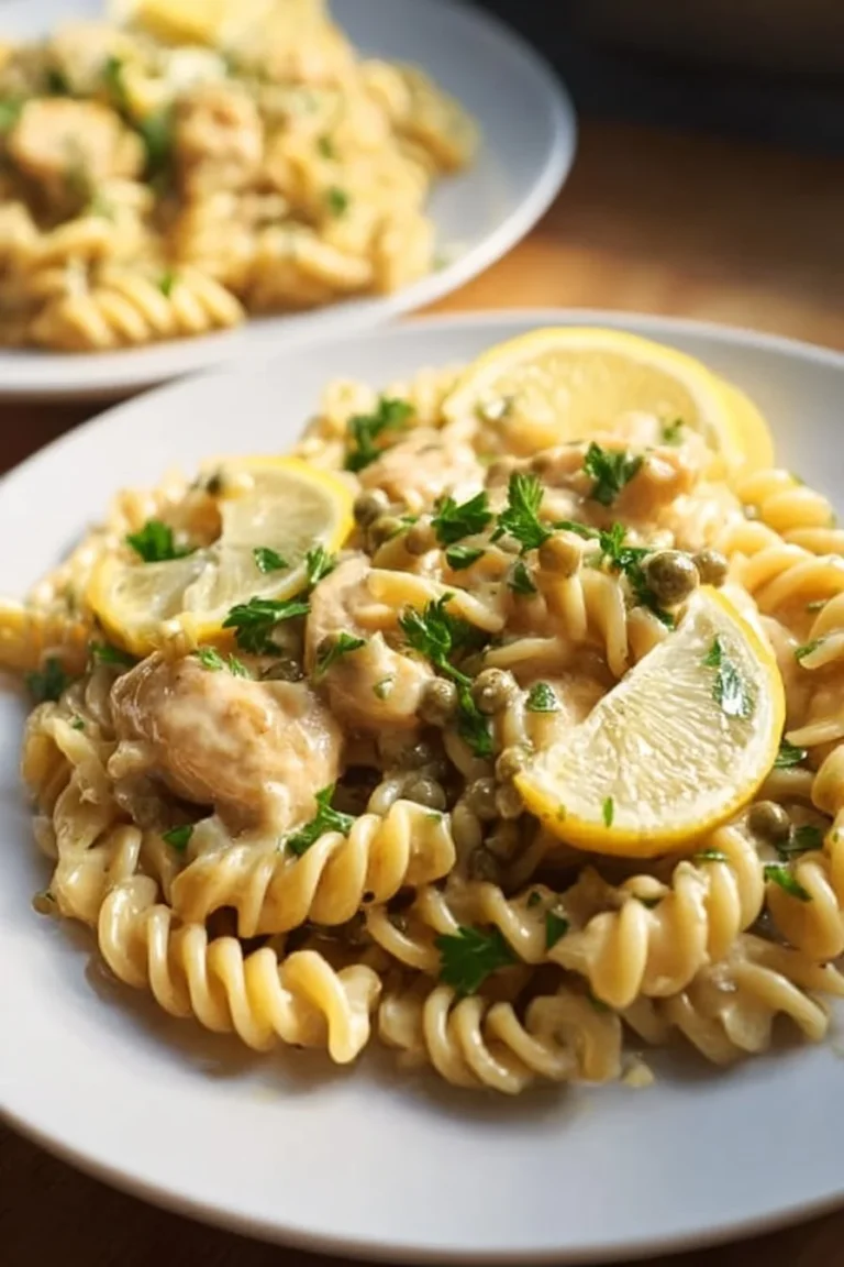 Plate of Chicken Piccata Pasta with capers and lemon sauce garnished with parsley