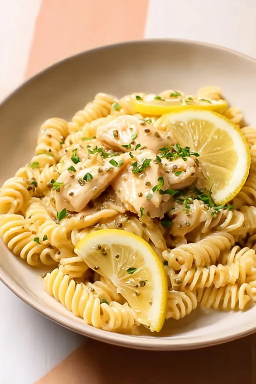 Delicious Chicken Piccata Pasta with tender chicken and lemon caper sauce