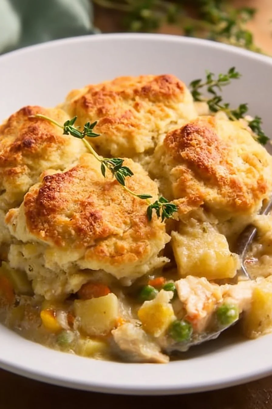 Delicious Chicken Pot Pie Casserole topped with flaky crust and filled with chicken and vegetables.