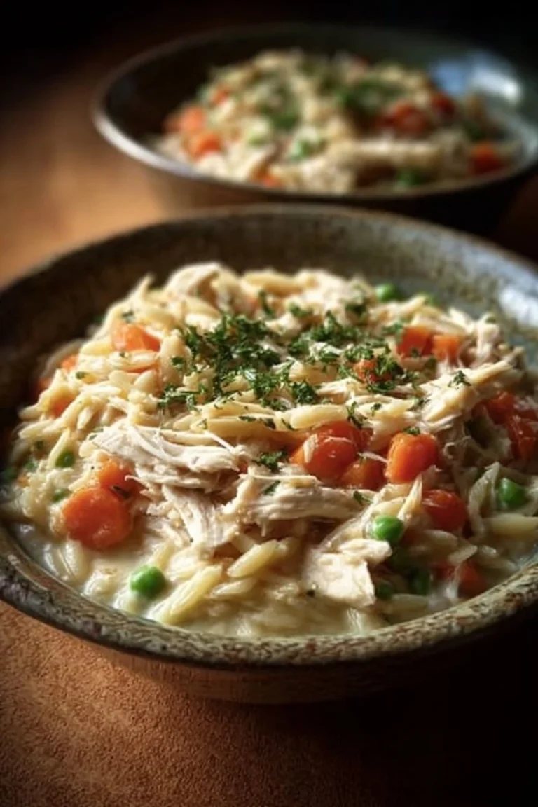 Bowl of Chicken Pot Pie Orzo with vegetables and herbs, ready to serve.