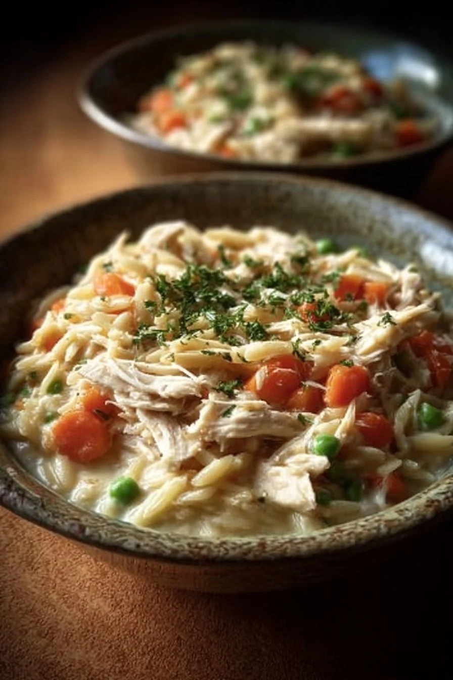 Bowl of Chicken Pot Pie Orzo with vegetables and herbs, ready to serve.