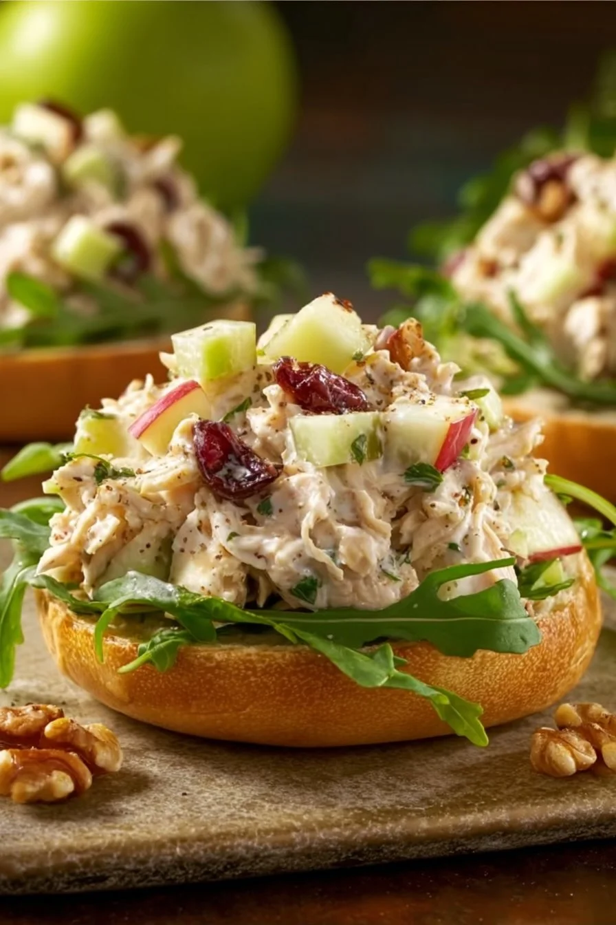 Delicious chicken salad with apples, colorful ingredients in a bowl