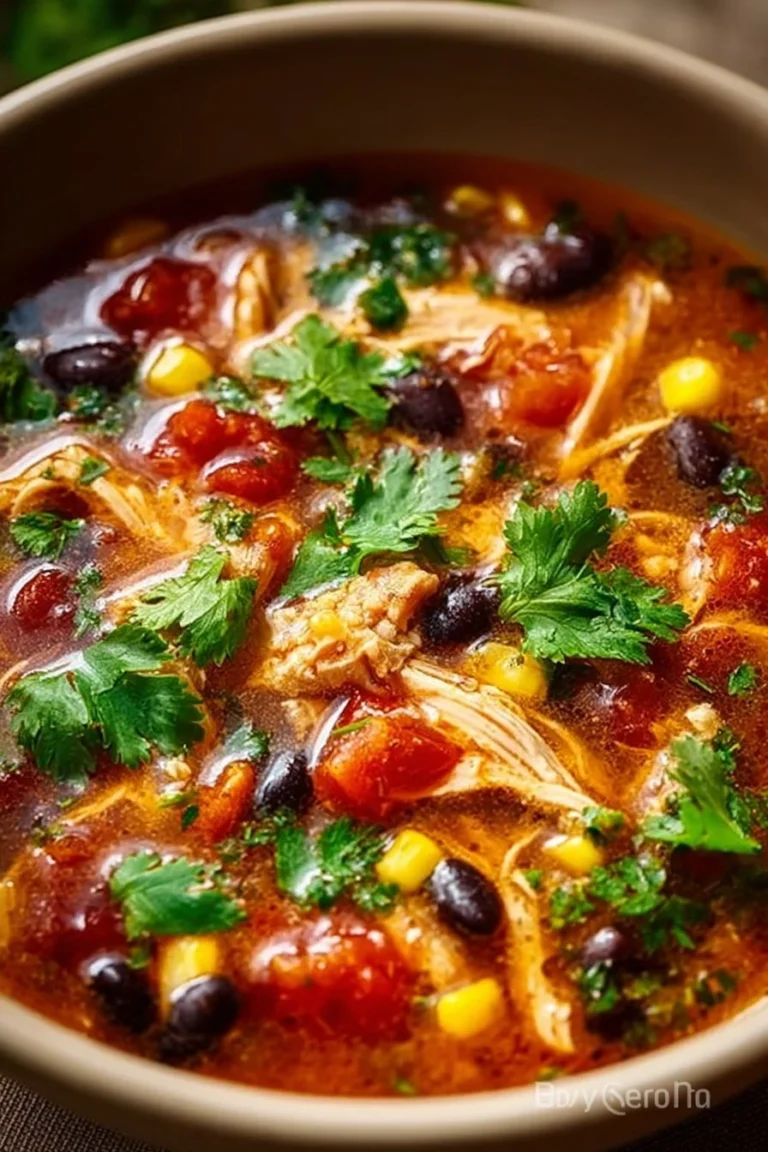 Bowl of flavorful Chicken Taco Soup topped with fresh cilantro and avocado