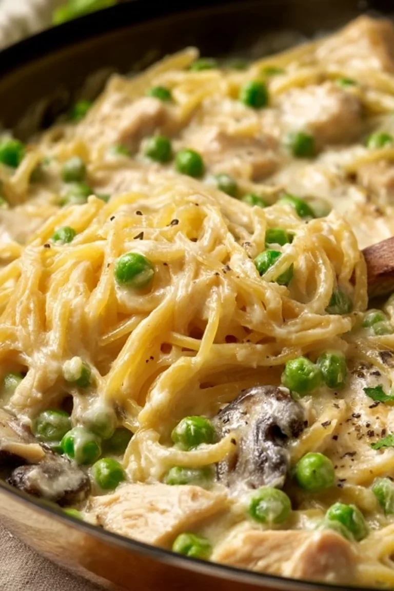 Delicious Chicken Tetrazzini baked with creamy sauce and topped with cheese