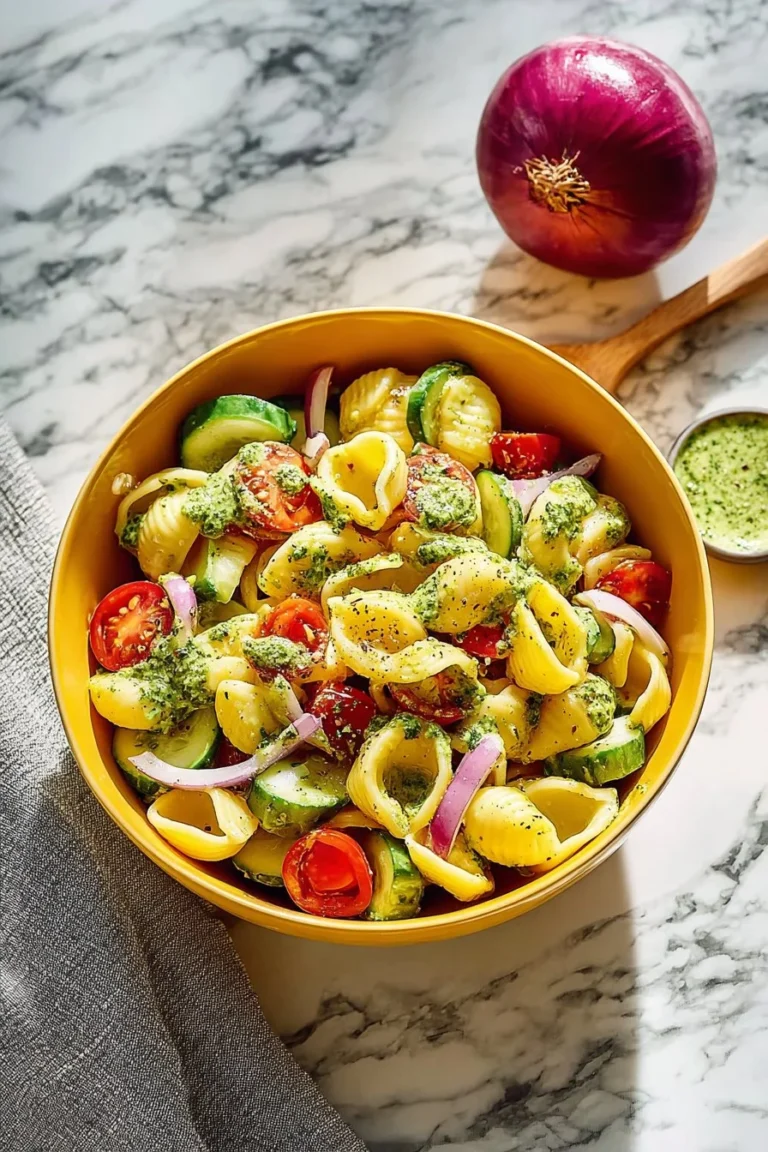 Colorful Chickpea Avocado Pasta Salad with fresh vegetables.