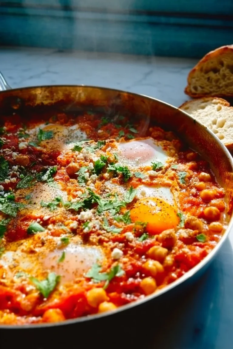 Delicious Chickpea Shakshuka served in a skillet with herbs