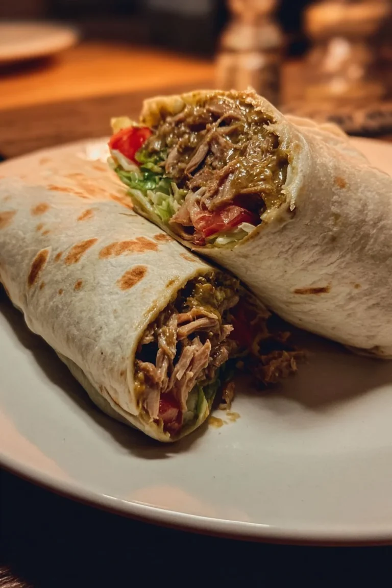 Chili Verde Burritos topped with Hatch Green Chile Sauce on a plate
