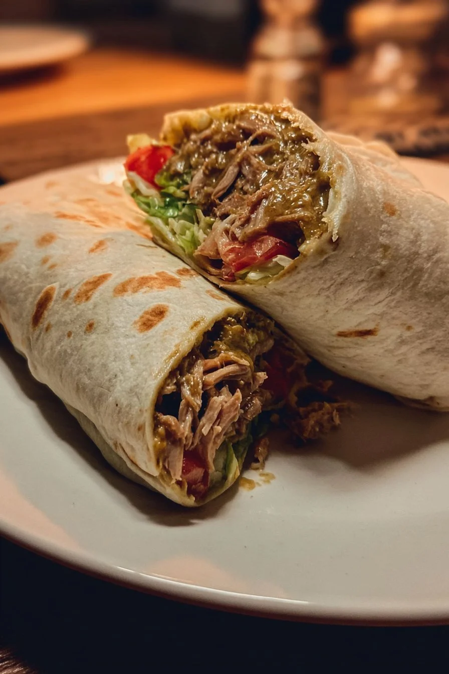 Chili Verde Burritos topped with Hatch Green Chile Sauce on a plate
