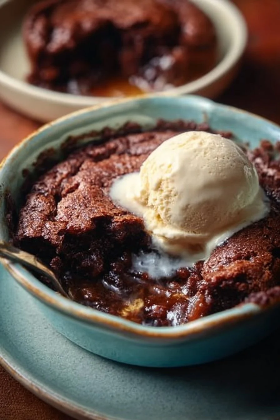 Delicious homemade Chocolate Cobbler served warm with a scoop of ice cream