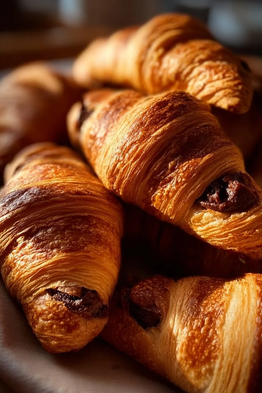 Delicious chocolate croissants fresh out of the oven