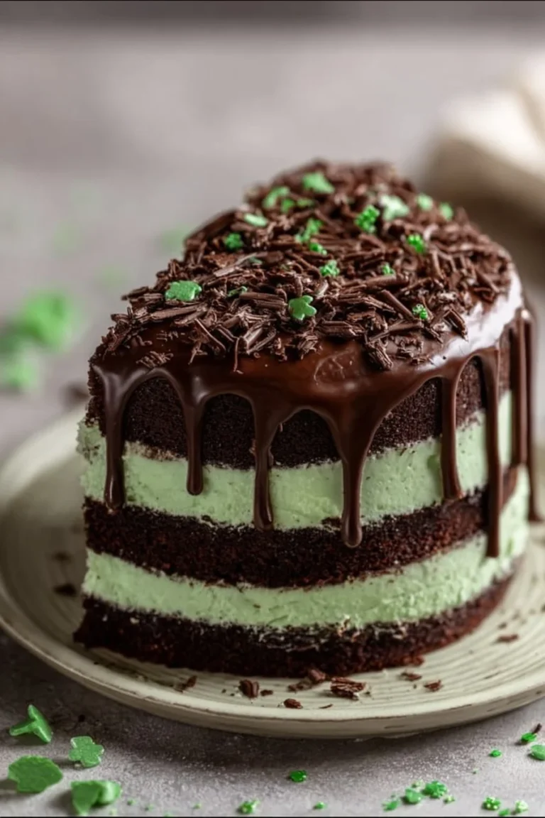 A delicious slice of Chocolate Mint Cake with mint leaves and chocolate frosting.