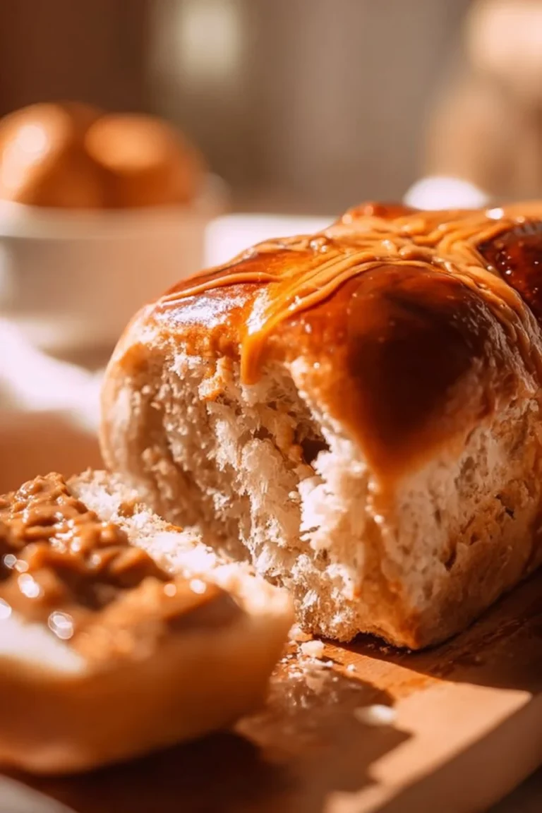 Freshly baked Cinnamon Biscoff Hot Cross Buns on a rustic table