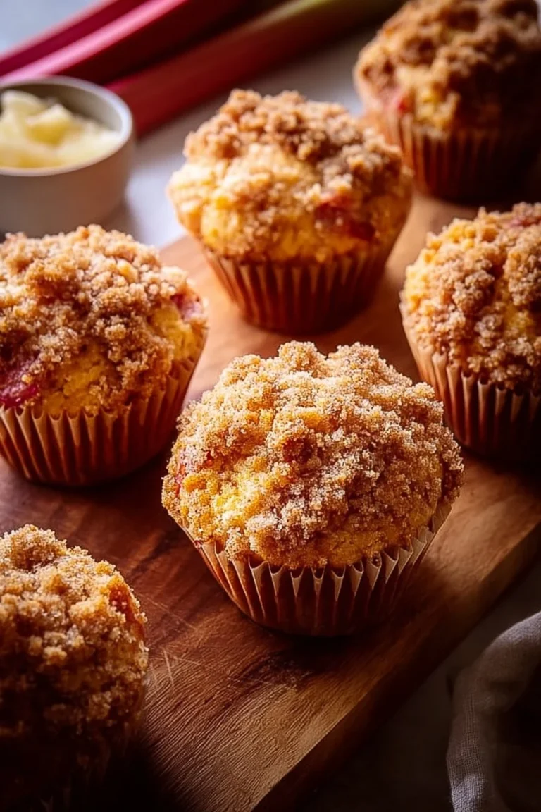 Delicious cinnamon rhubarb cheesecake muffins on a rustic table