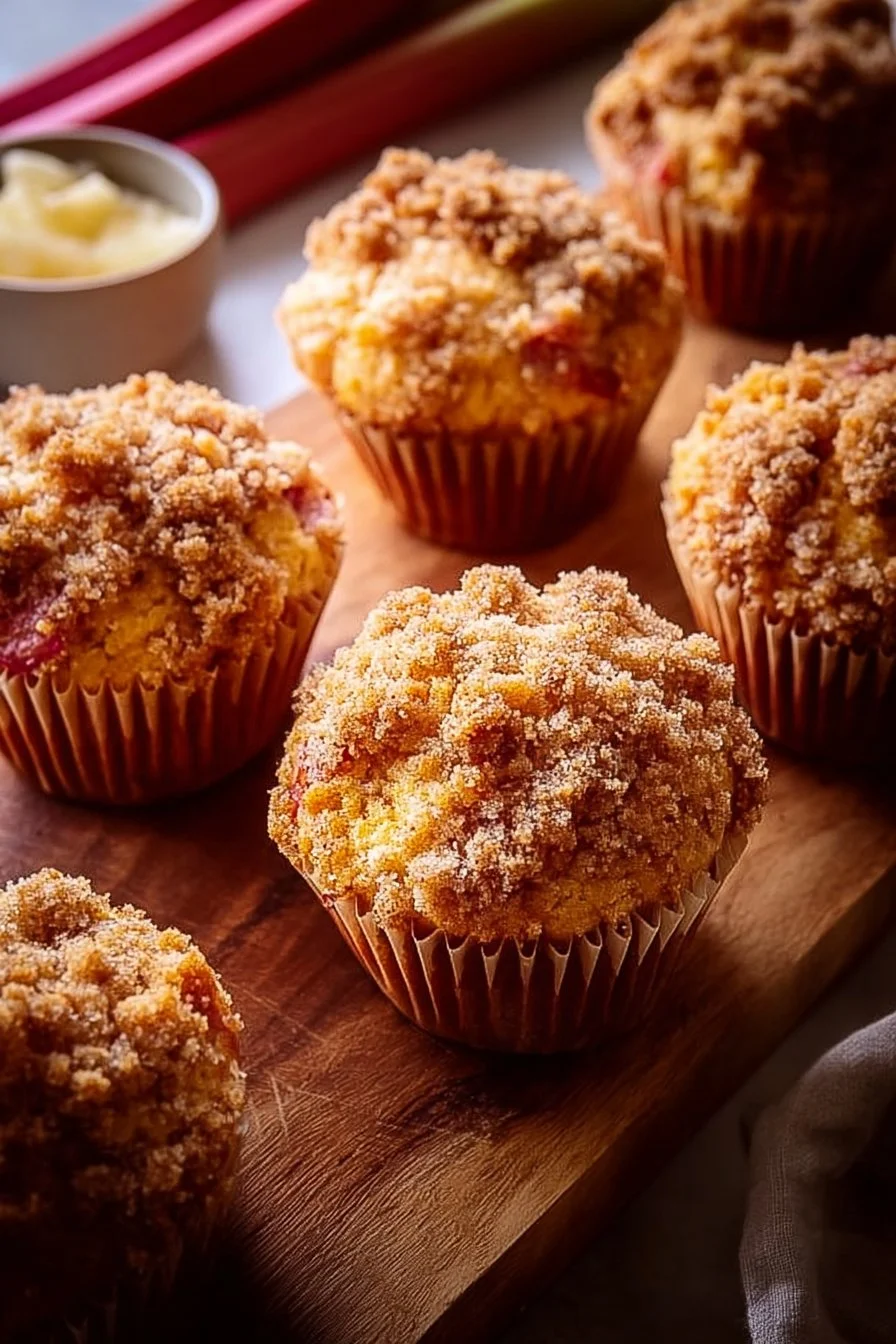 Delicious cinnamon rhubarb cheesecake muffins on a rustic table