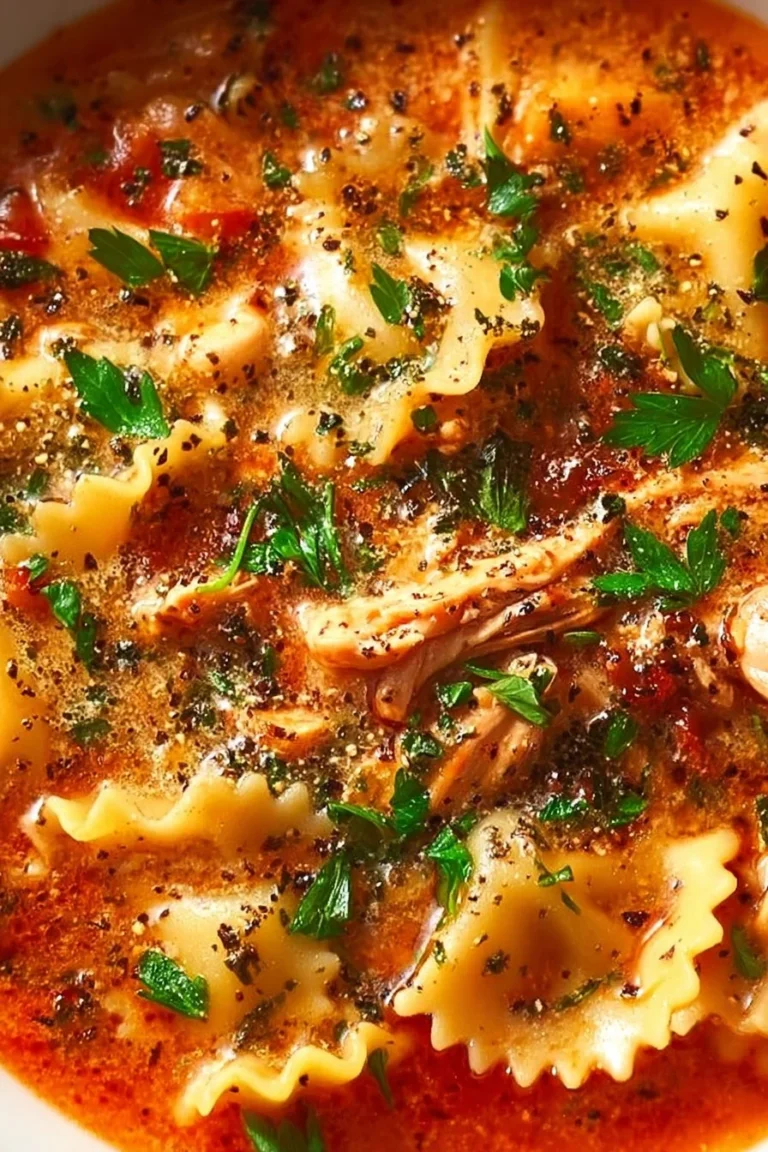 Bowl of Classic Chicken Lasagna Soup with melted cheese and herbs