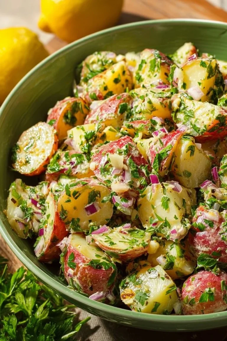 Classic dairy-free potato salad with fresh herbs and vegetables