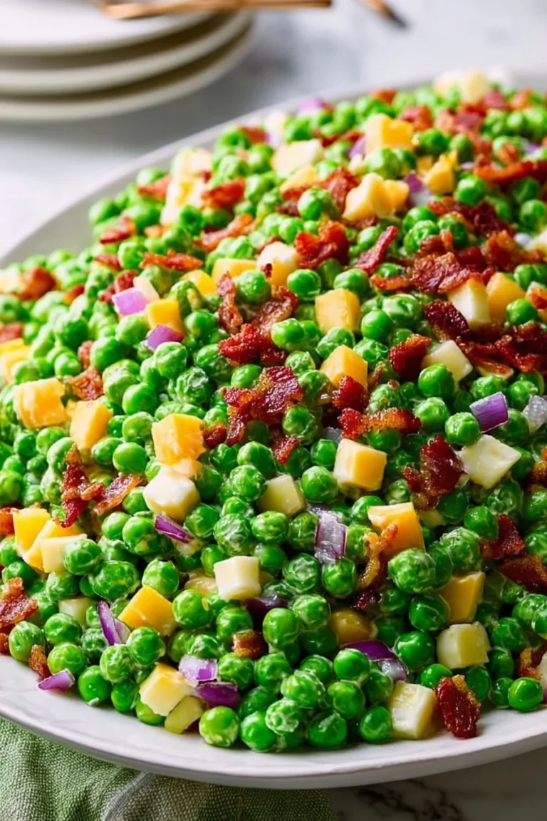 Classic English Pea Salad with fresh peas, onions, and creamy dressing