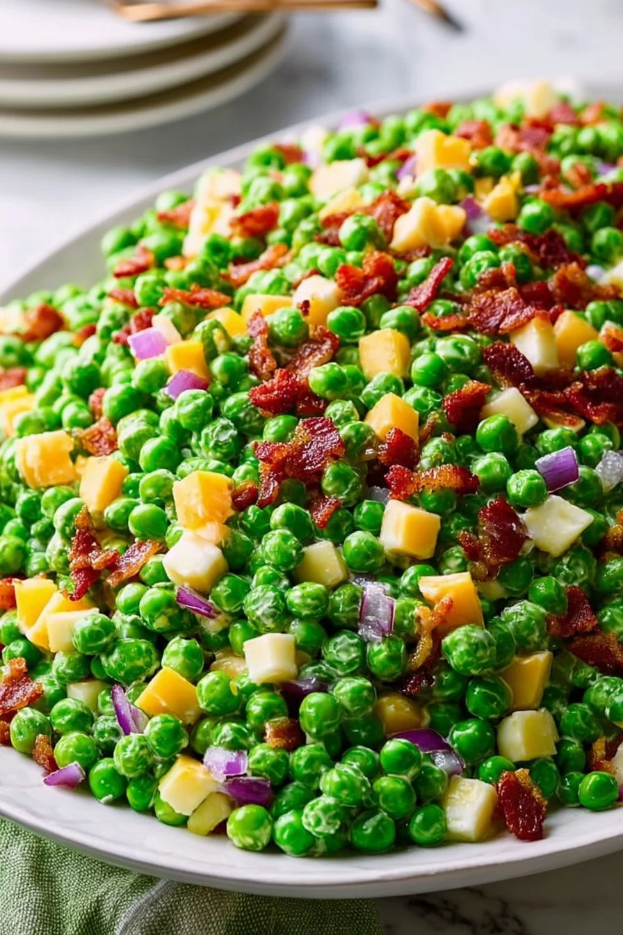 Classic English Pea Salad with fresh peas, onions, and creamy dressing