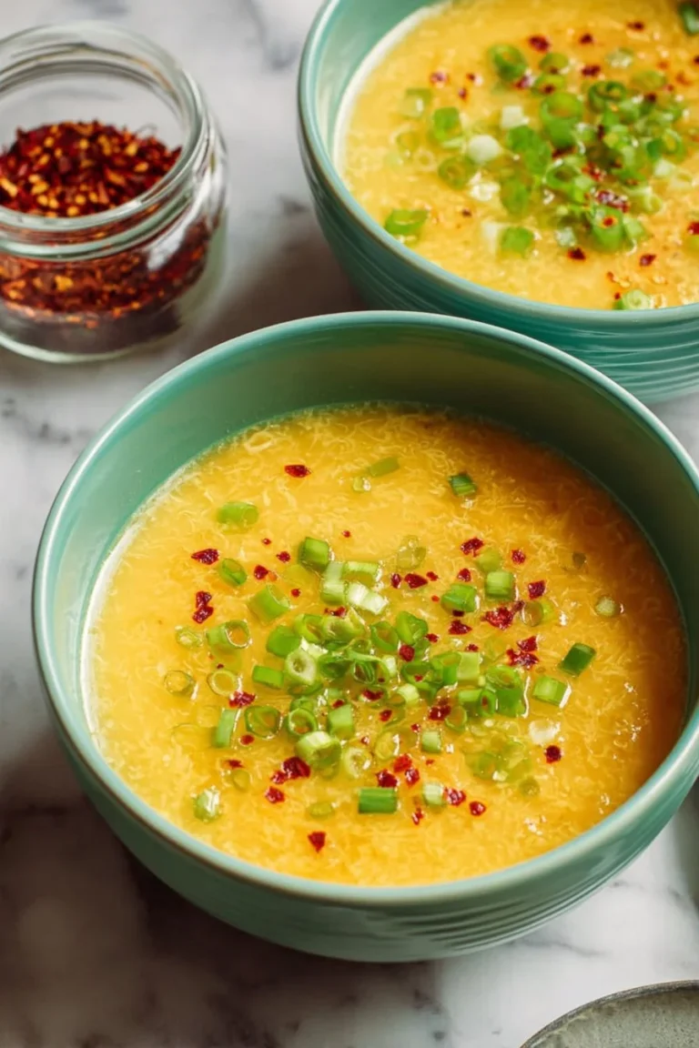 Bowl of Classic Keto Egg Drop Soup with eggs and herbs