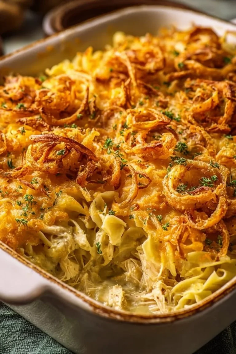 Delicious Classic Million Dollar Chicken Noodle Casserole served hot