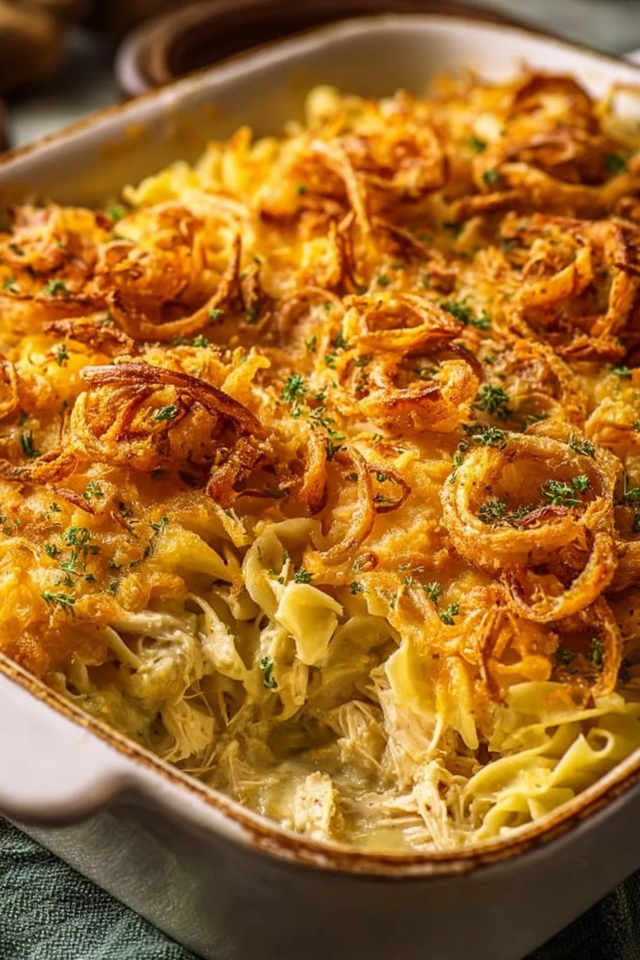 Delicious Classic Million Dollar Chicken Noodle Casserole served hot