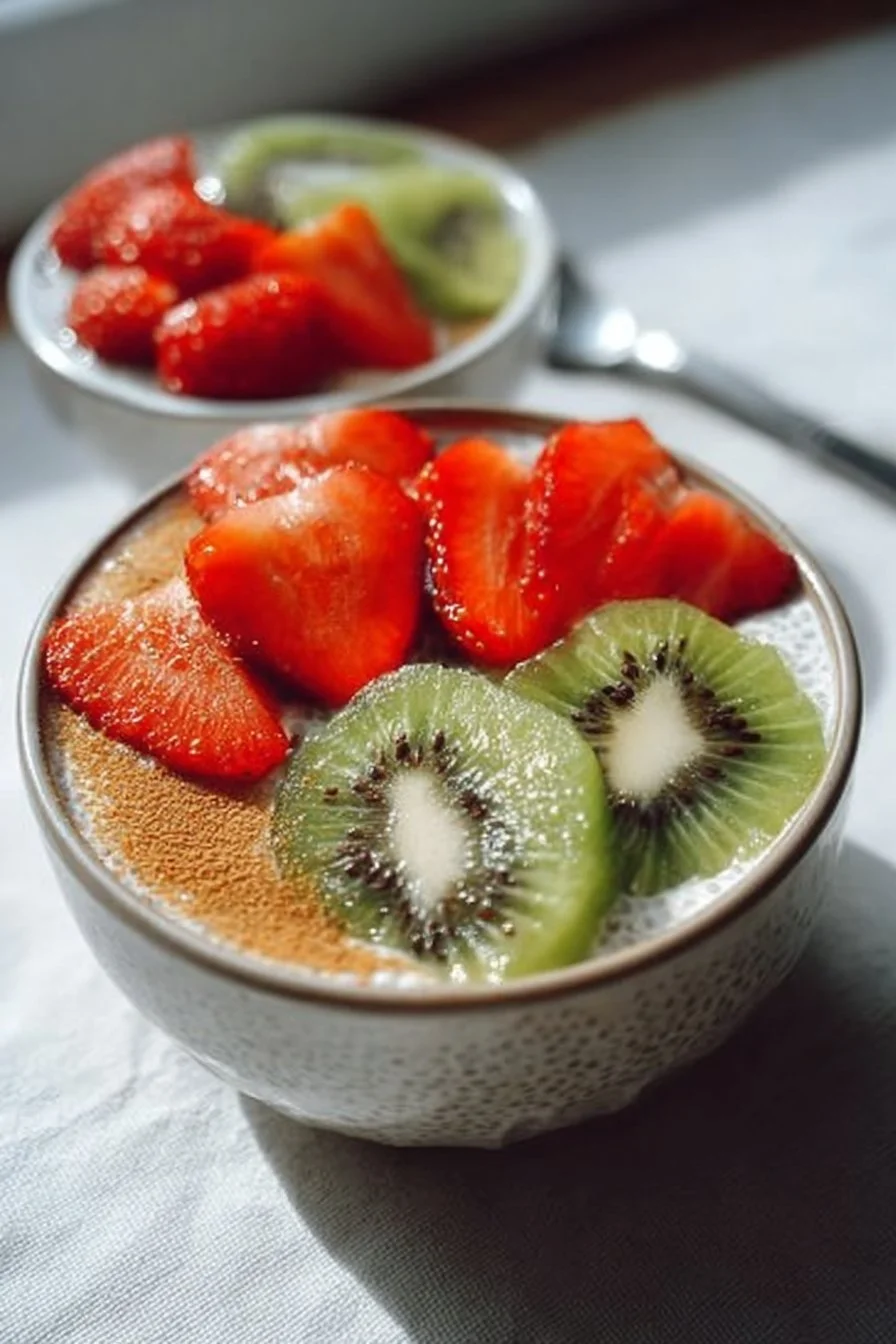 Delicious Coconut Chia Pudding garnished with coconut and berries