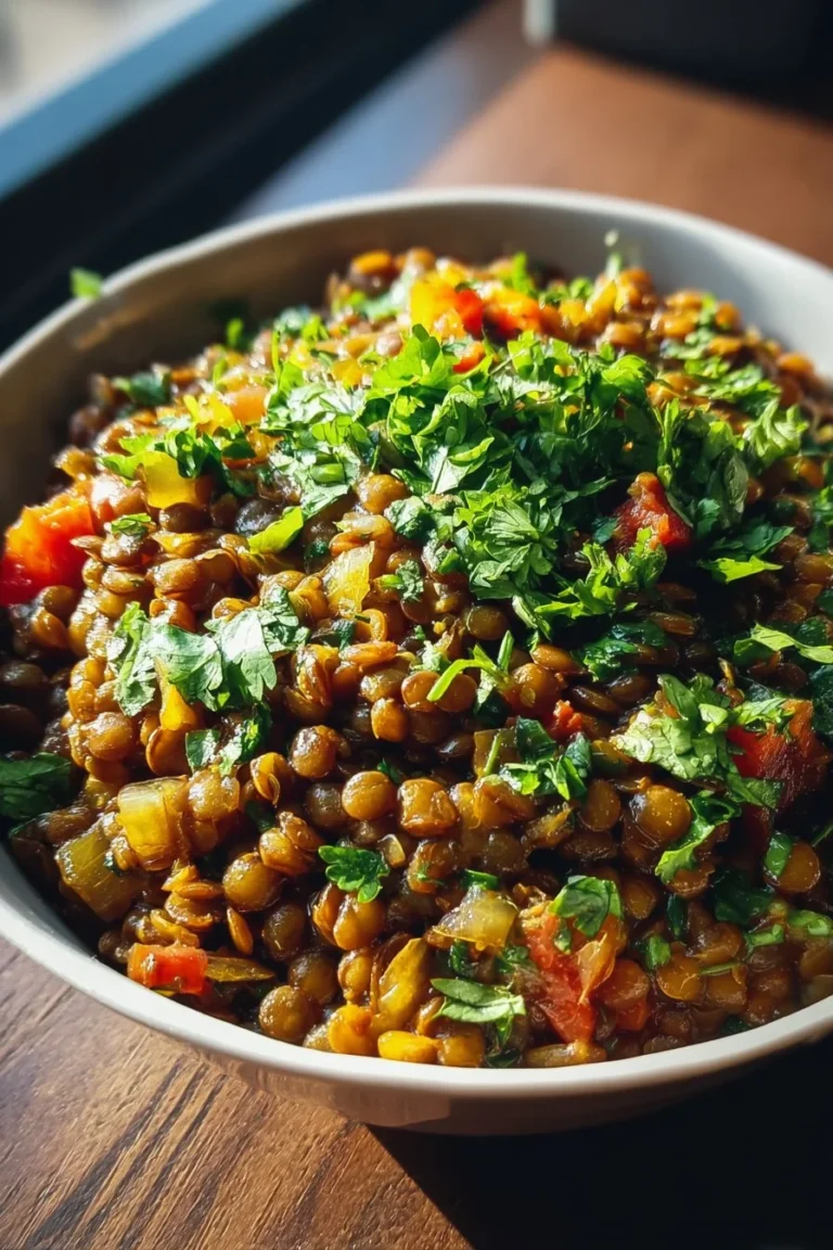 Cozy vegetarian lentil dish with fresh herbs and spices.