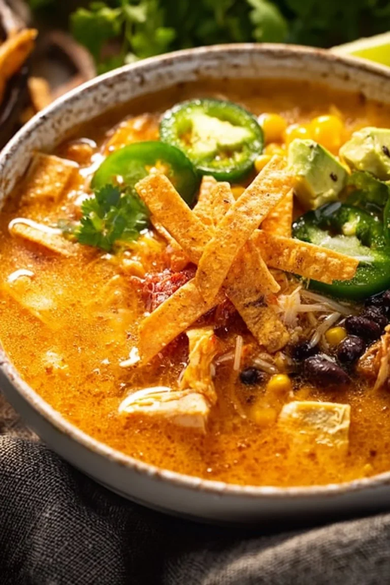 Creamy chicken tortilla soup served in a bowl with tortilla strips and cilantro