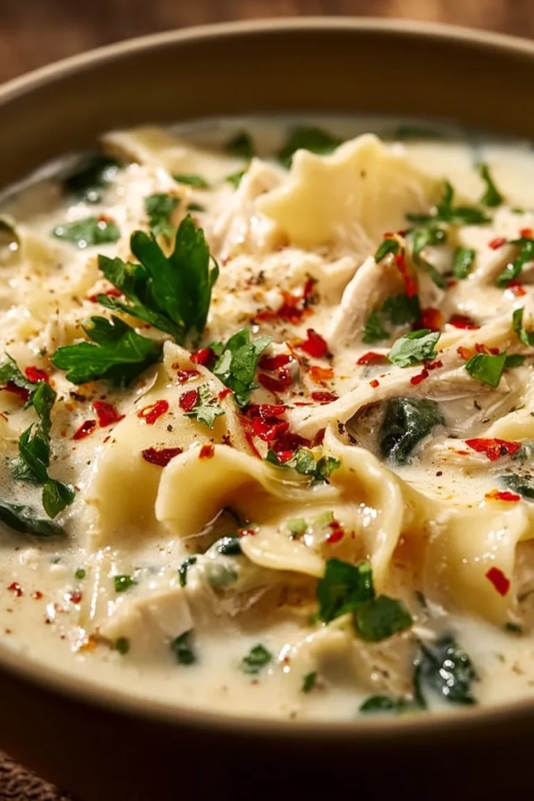 Creamy crockpot white lasagna soup in a bowl with herbs on top.