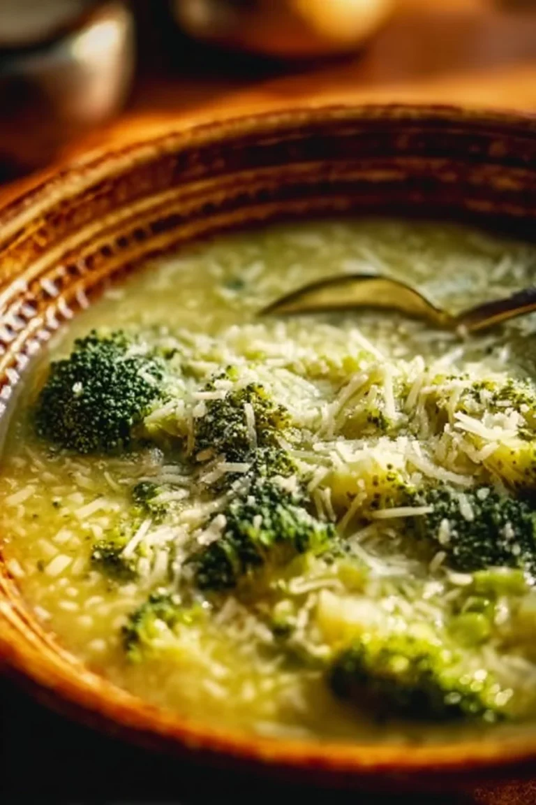 Creamy Garlic Italian Broccoli Soup in a white bowl garnished with herbs