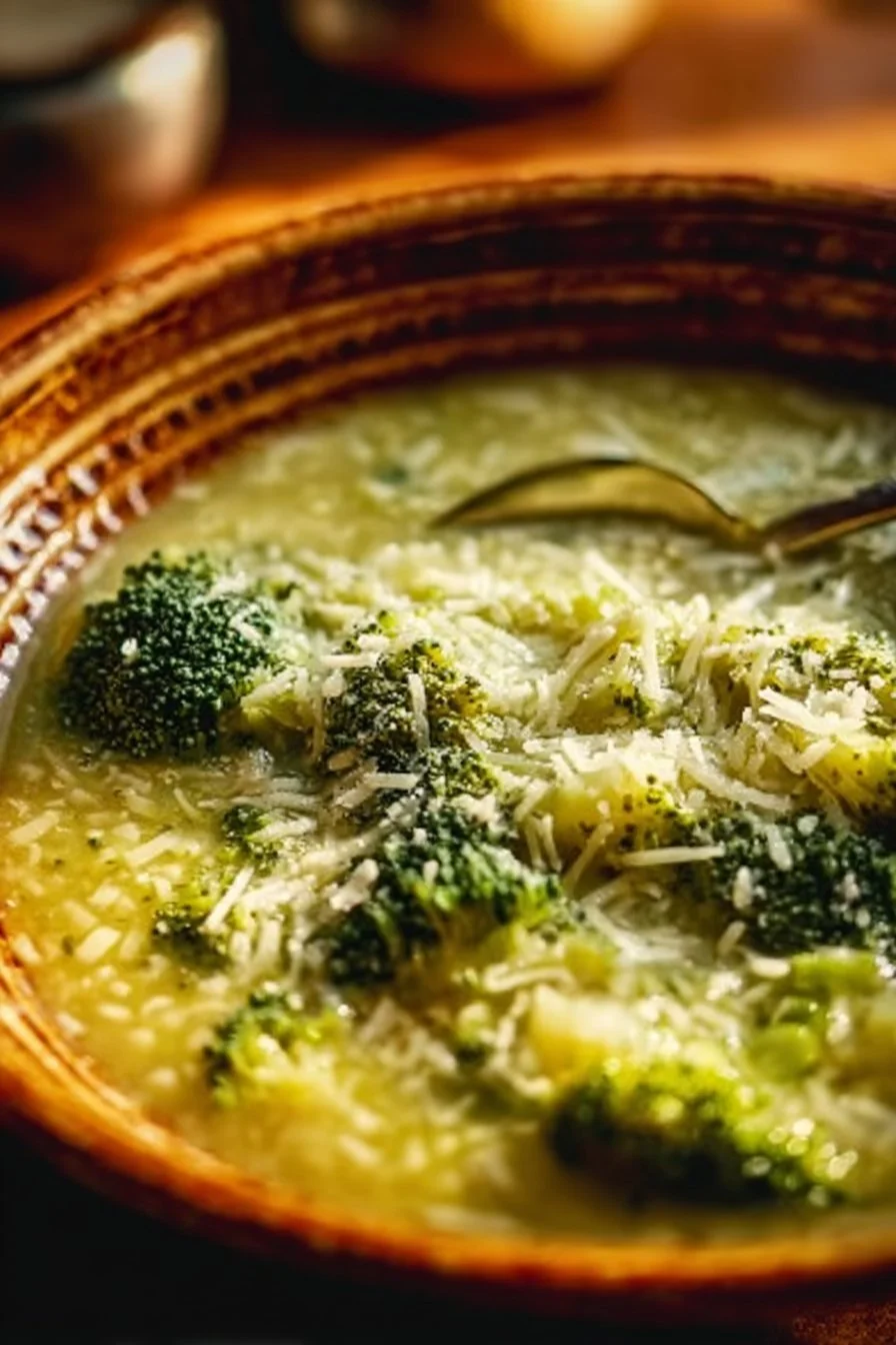 Creamy Garlic Italian Broccoli Soup in a white bowl garnished with herbs