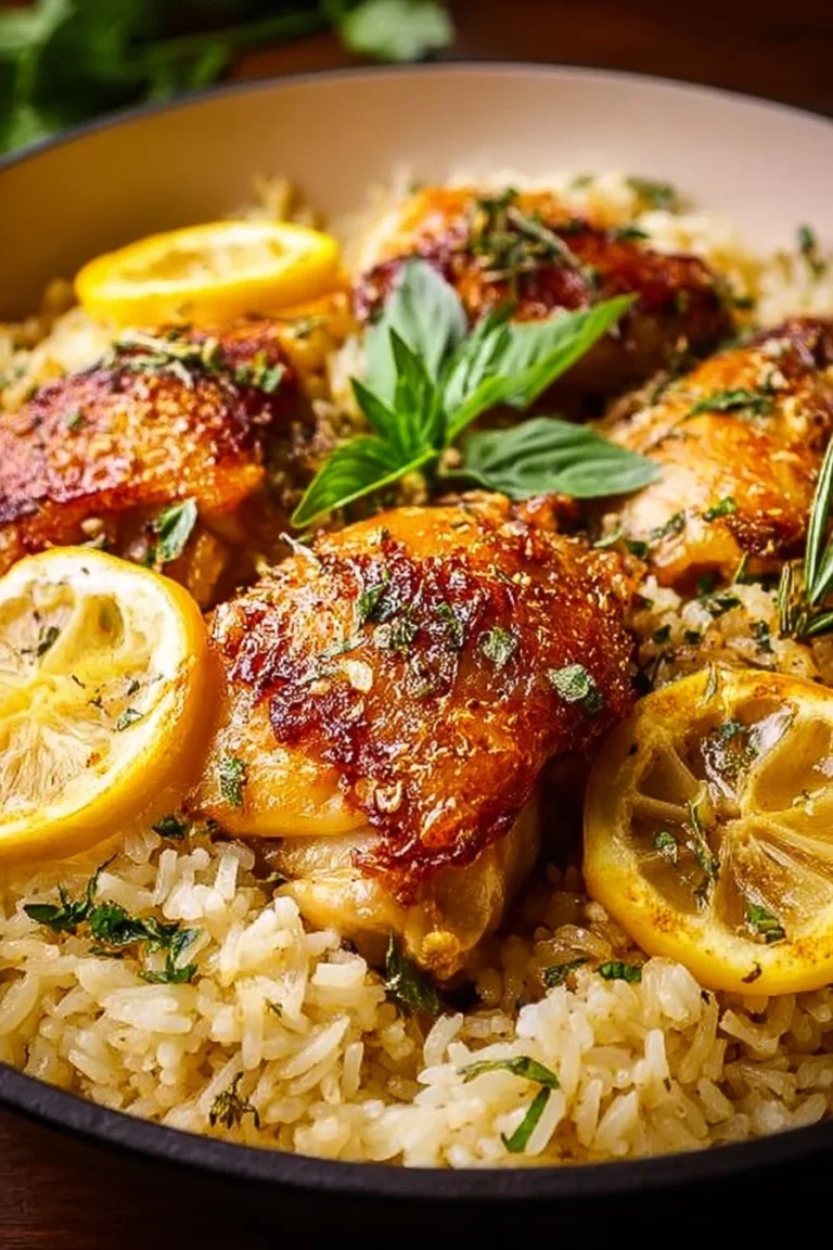 Creamy lemon chicken casserole with rice, garnished with herbs