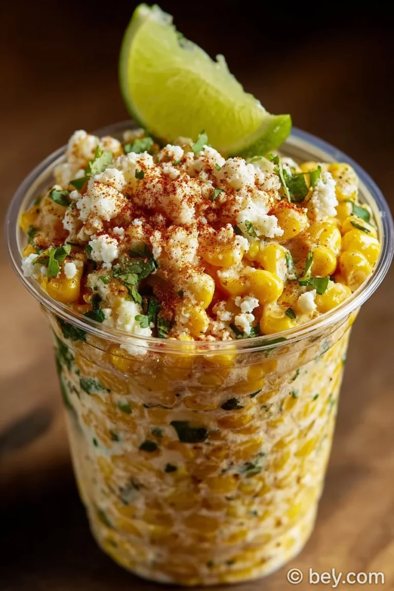 Creamy Mexican street corn served in a cup, topped with cheese and spices.