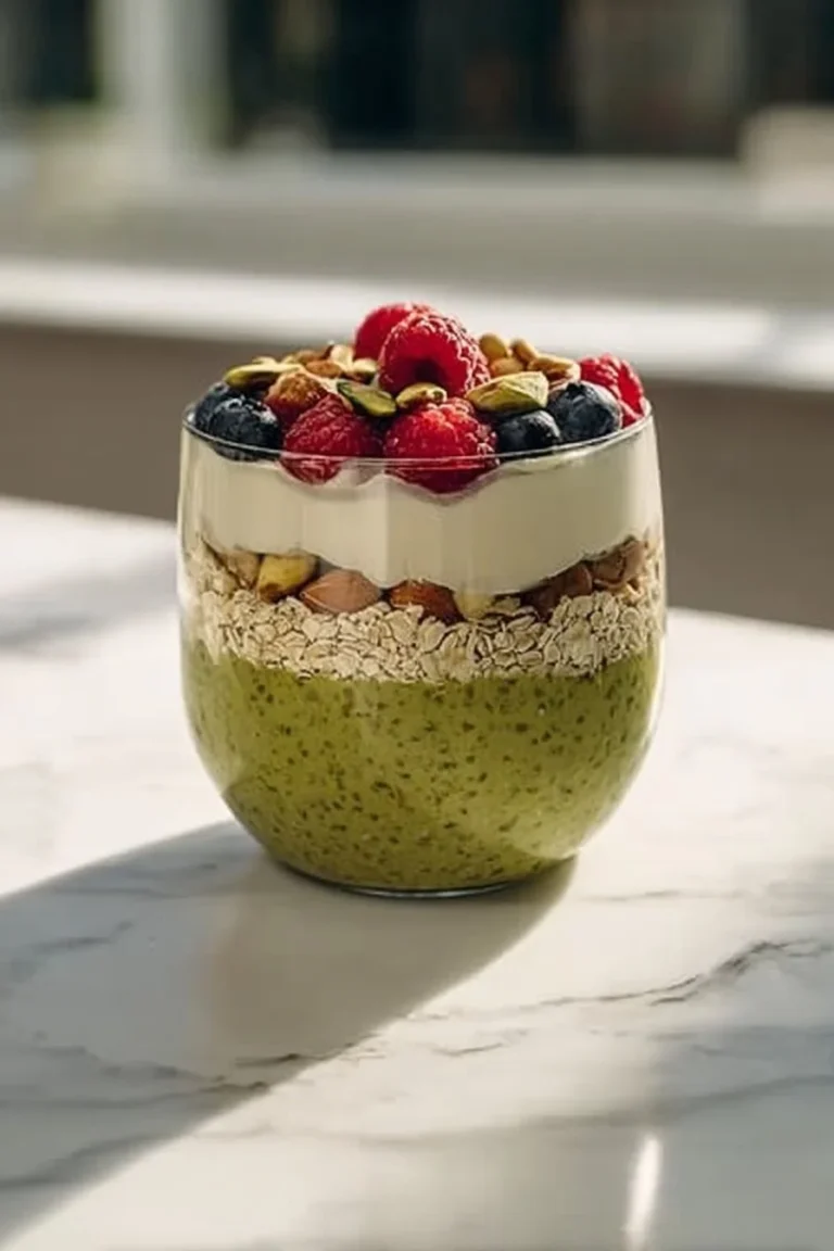 Bowl of creamy pistachio overnight oats topped with nuts and fruits