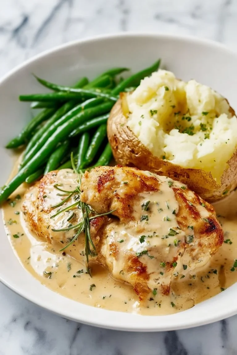 Creamy ranch chicken dish served on a plate with herbs and vegetables