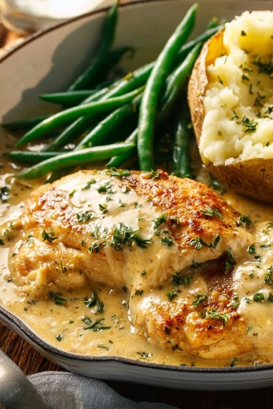 Creamy ranch chicken served with fresh herbs and sides
